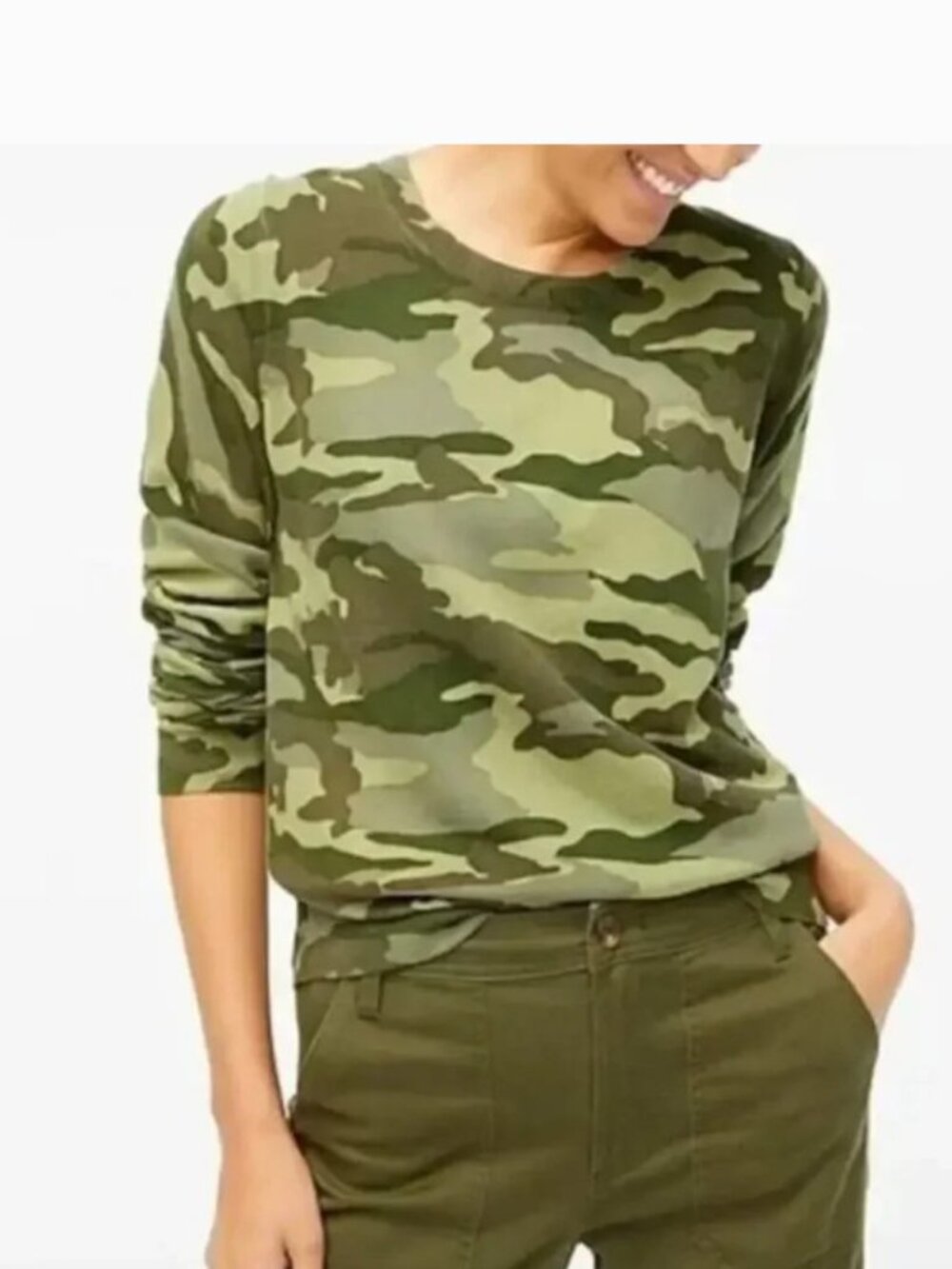 J. Crew Factory Green Camo Lightweight TEDDIE Crewneck Pullover Sweater